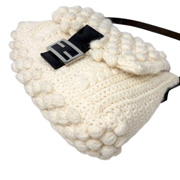 FENDI Vintage FF Logo Knit Mamma Baguette Shoulder Bag Wool Leather [106220] - Picture 8 of 15